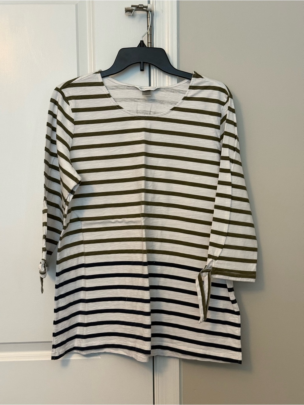 Christopher & Banks Olive and White Striped Tie-Sleeve Top